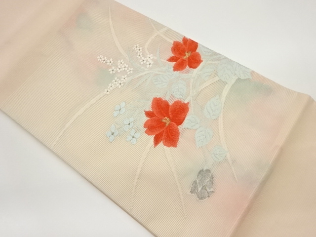 絽花葉模様織出し開き名古屋帯（額縁仕立て）